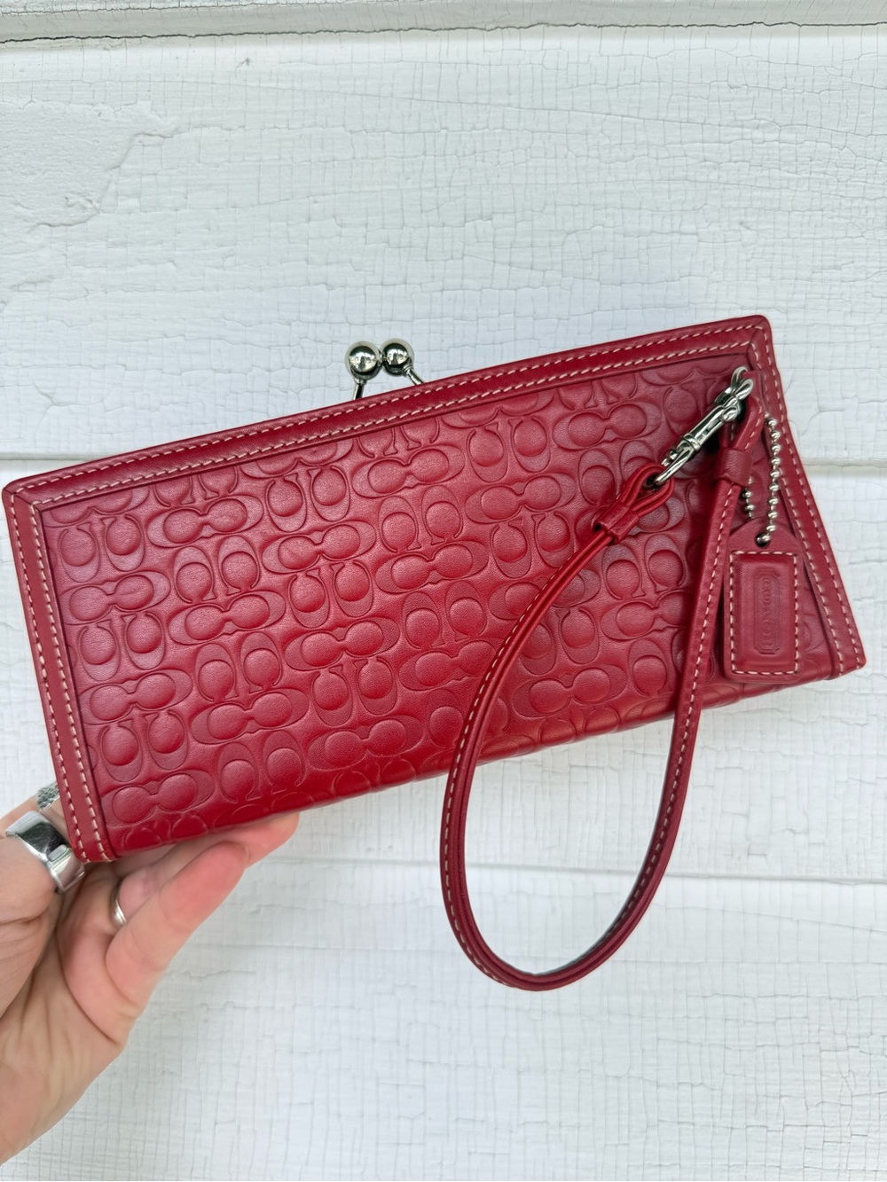 Coach Red Signature Embossed Leather Wristlet Clutch with Strap
